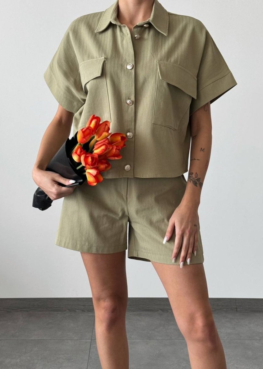 Gaiia Half Sleeves Two Pocket Shirt With Shorts - Beige - GAIIA